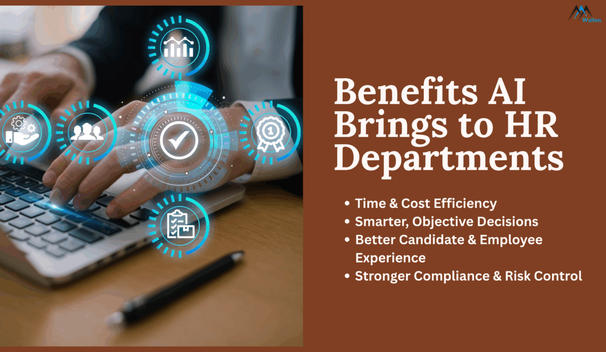 AI enhances HR departments by streamlining recruitment, improving employee insights, and automating administrative tasks.