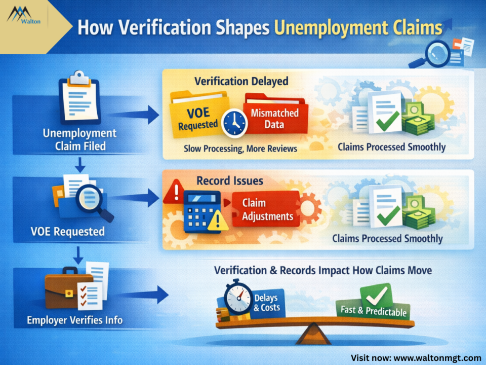 Flowchart showing how employment verification and VOE affect unemployment claim processing, delays, and claim outcomes.