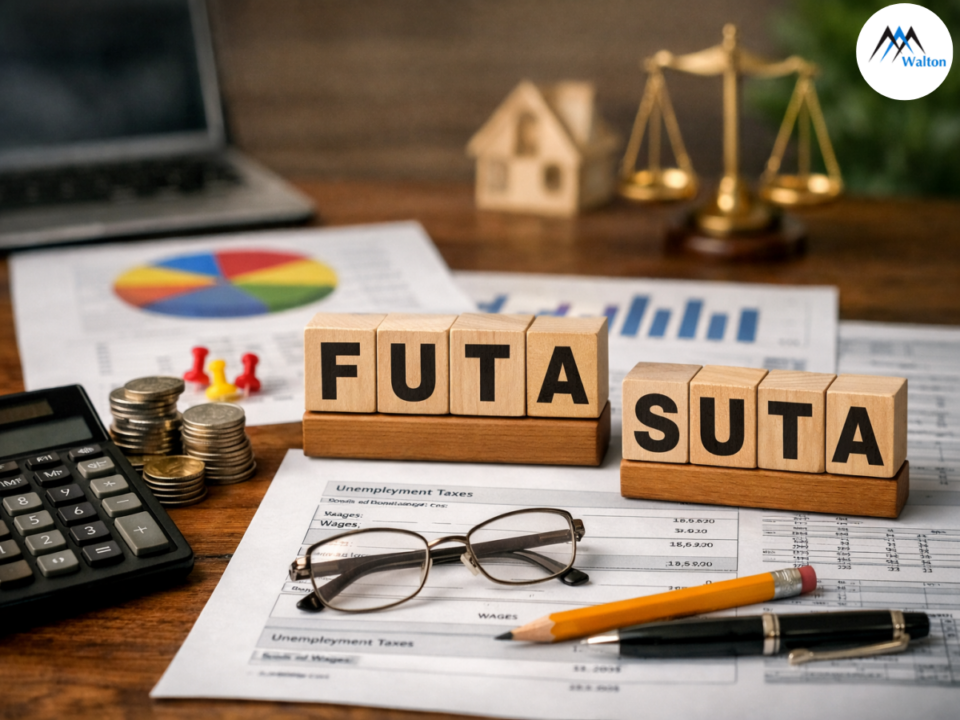 FUTA and SUTA unemployment taxes concept with financial documents, calculator, coins, and wooden blocks on a desk representing employer tax costs