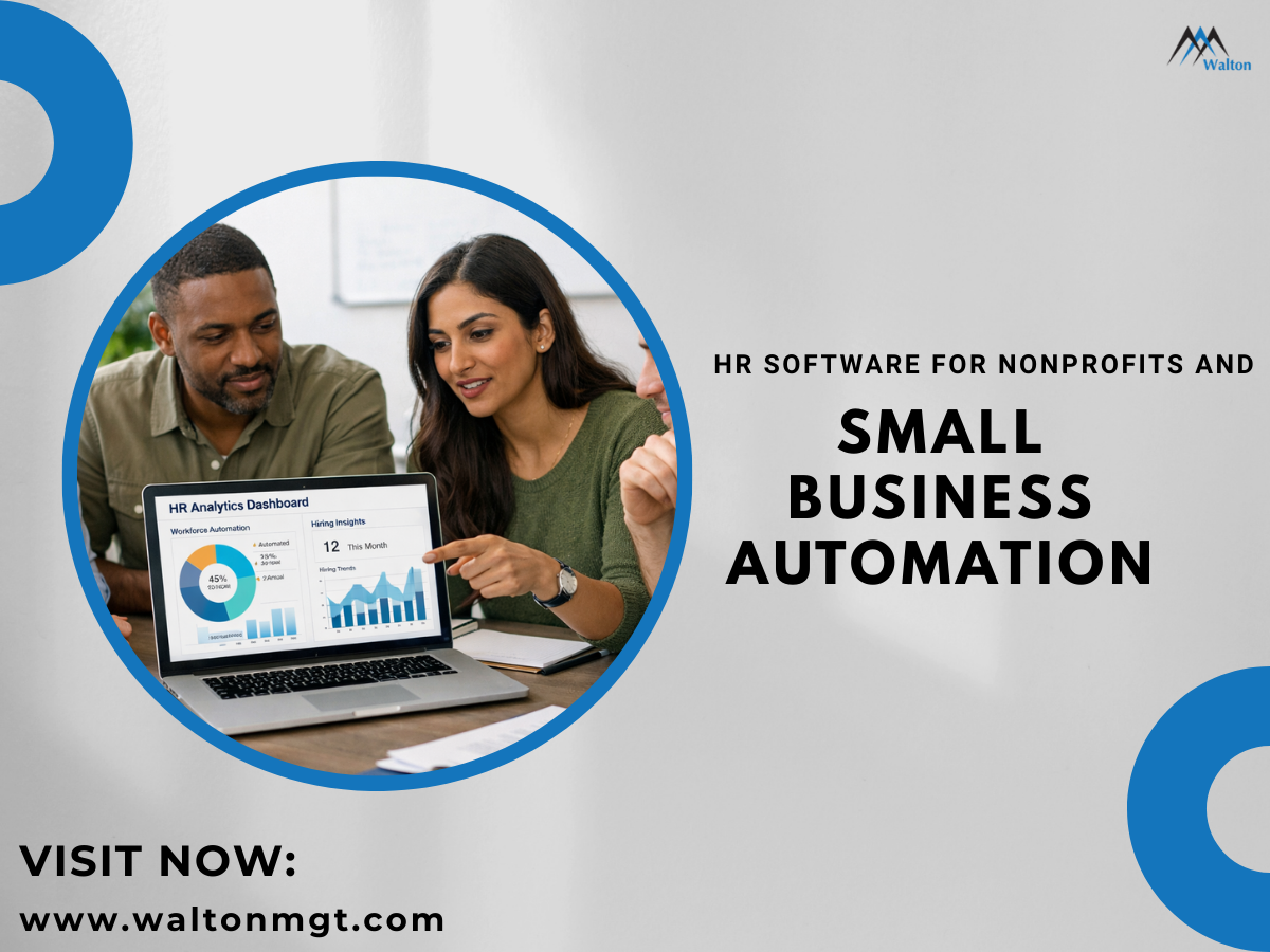 Nonprofit team reviewing AI HR automation software dashboard to improve small business automation and workforce management