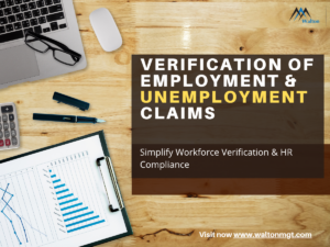 Business professional reviewing Verification of Employment (VOE) forms and unemployment claims documents on a laptop for streamlined workforce compliance management