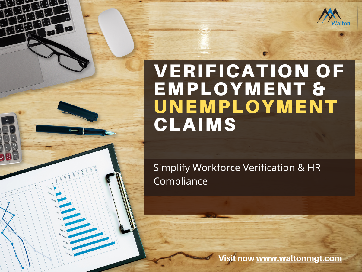 Business professional reviewing Verification of Employment (VOE) forms and unemployment claims documents on a laptop for streamlined workforce compliance management