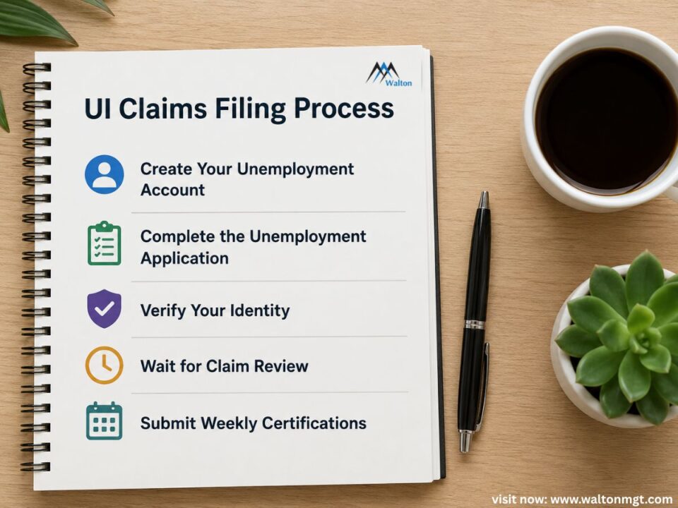 Step-by-step unemployment UI claims filing process showing online application submission, identity verification, weekly certifications, and unemployment benefits claim review process.