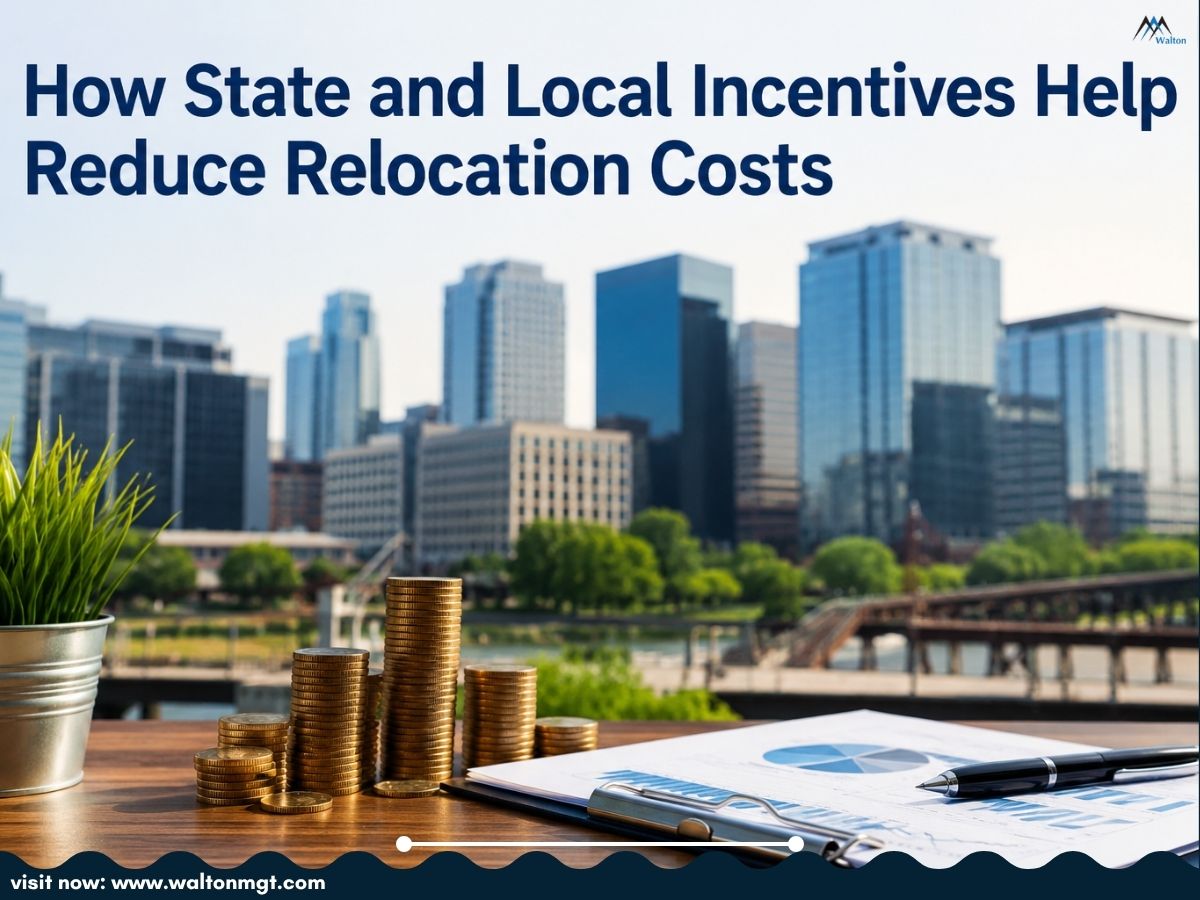 Corporate relocation cost reduction concept featuring financial charts, stacked coins, business planning documents, and a modern business district representing state and local incentive programs for relocating companies.