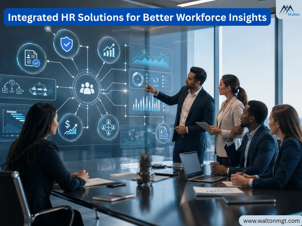 Executive HR team reviewing an integrated HR analytics dashboard with workforce analytics, compliance, hiring, and workforce planning insights
